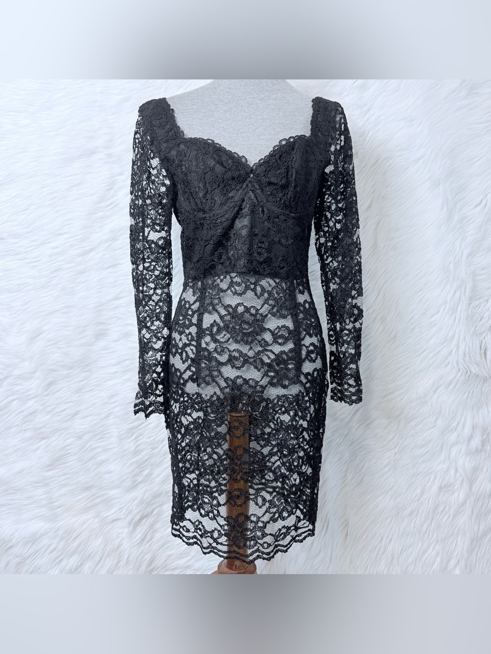 Vintage Moda International Black Sheer Lace Long Sleeve Dress Lingerie Corset